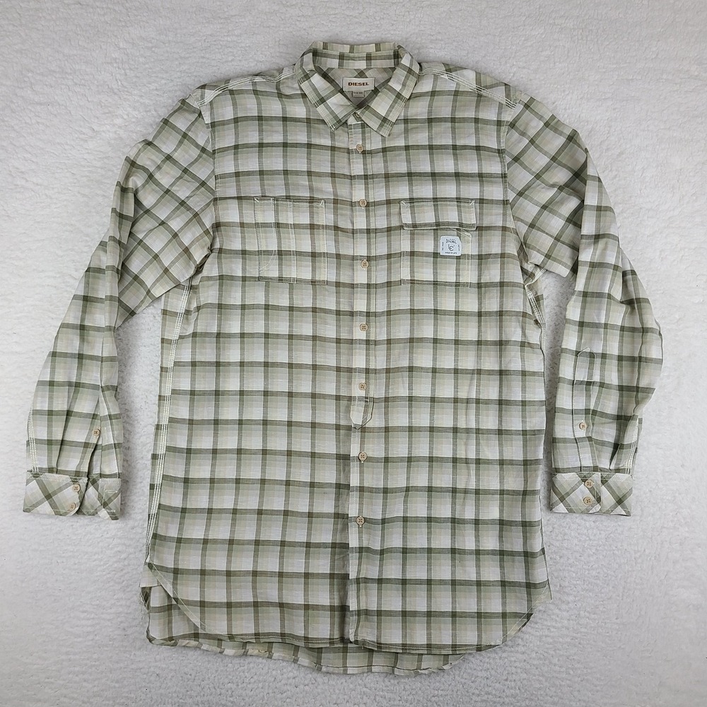 DIESEL Shirt Mens 2XL XXL Green‎ Beige Cream Plaid Smile In life Button Up